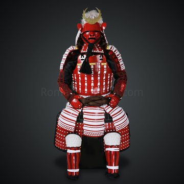 Kōsaka Masanobu Red & White Samurai Armor Tosei Gusoku Style White Hair Kabuto Red Scales With White Cords